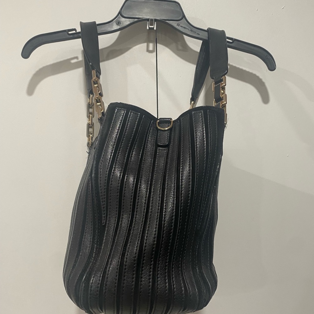 Anya Hindmarch Vertical-Strip Black  Leather Shoulder Bag